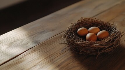 Close-up of a bird nest with eggs placed on a rustic wooden table