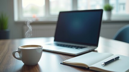 Fototapeta premium A Steaming Cup Of Coffee Awaits Inspiration Beside A Laptop And Open Notebook, Ready For A Productive Workday Bathed In Soft, Natural Light