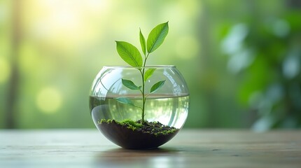 A Tiny Saplings Hopeful Journey In A Glass Bowl, Bathed In Soft Sunlight Against A Blurred Green Backdrop