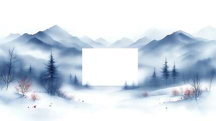 Beautiful Watercolor Mountain Landscape with Snow and Misty Fog