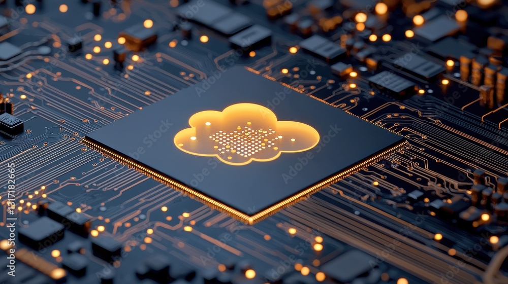 Poster futuristic microchip design with cloud symbol and illuminated lights