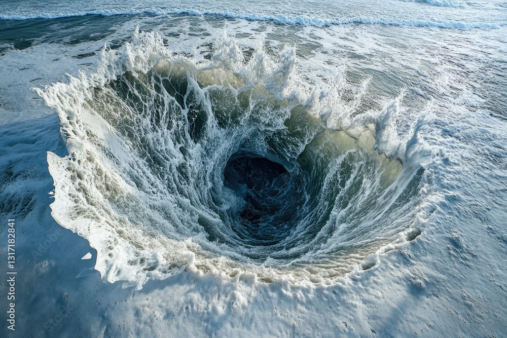 Poster ocean wave collapsing into a swirling vortex, creating a mesmerizing spectacle of nature's power.