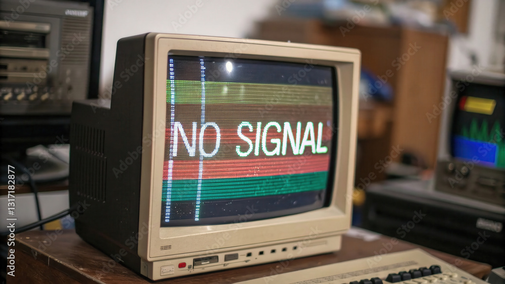 Poster technical difficulties concept, old monitor displaying no signal with rgb color shift effect