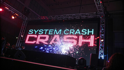 technical difficulties concept, Neon lit system crash screen with shattered pixels and vibrant lights