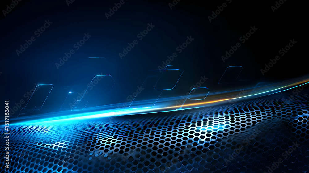 Poster abstract futuristic digital landscape with blue hexagonal grid pattern and glowing light effect