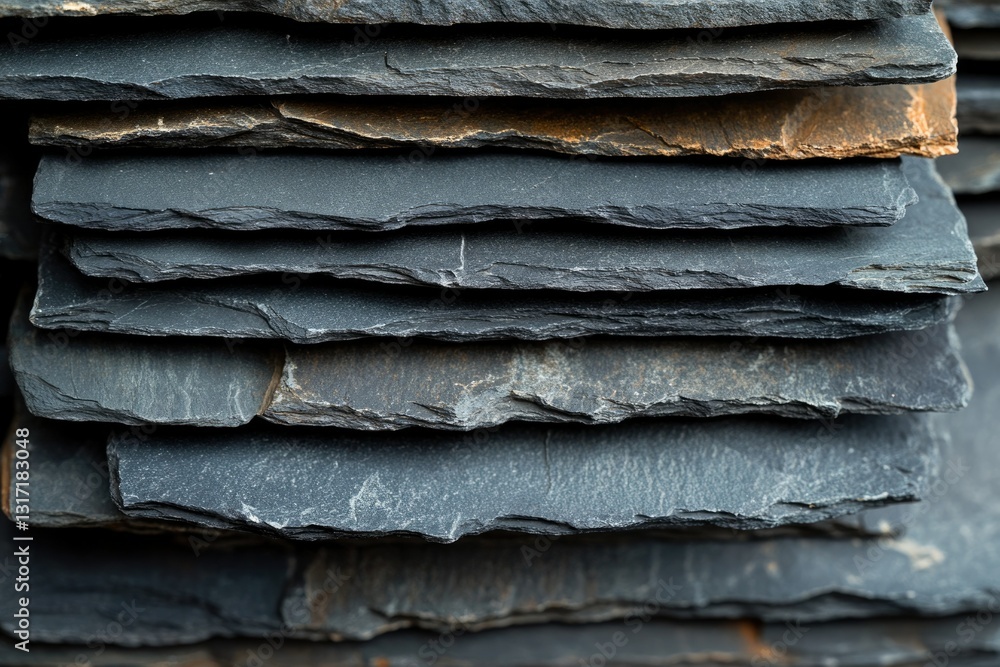 Poster a stack of dark gray slate tiles, showing texture and layering.