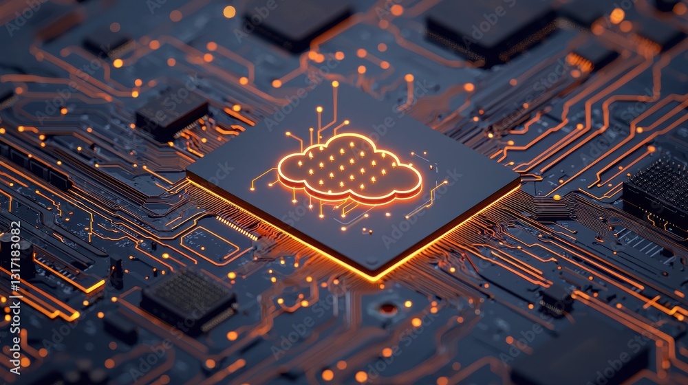 Poster cloud computing concept on circuit board with neon glow effect