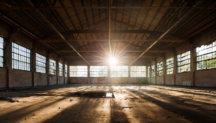 Naklejka premium bright sunlight beams streaming through large windows in abandoned industrial warehouse creating atmospheric mood and sense of isolation