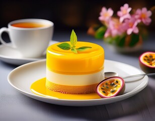 passion fruit cake mousse dessert with tropical flavor on a white plate with cup of tea generative ai