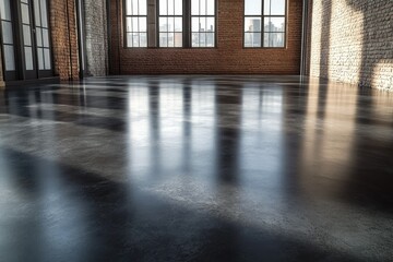 Reflective polished concrete floor in a spacious industrial loft with large windows and brick walls.