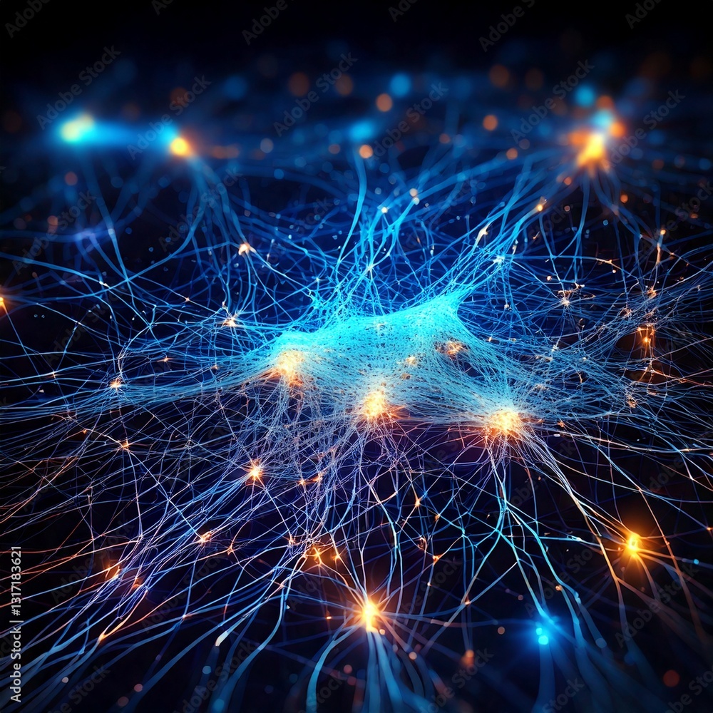 Poster neural network visualization with glowing connections and nodes, dark background, futuristic tech th