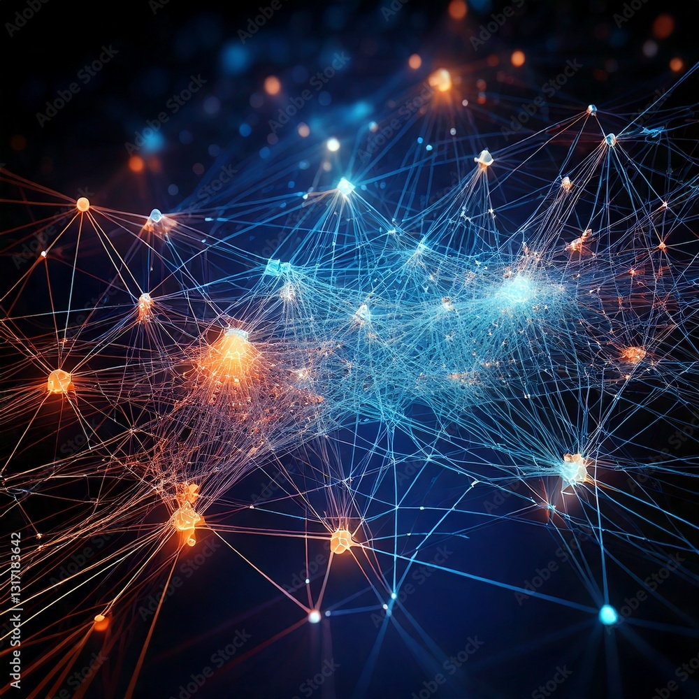 Aufkleber neural network visualization with glowing connections and nodes, dark background, futuristic tech th