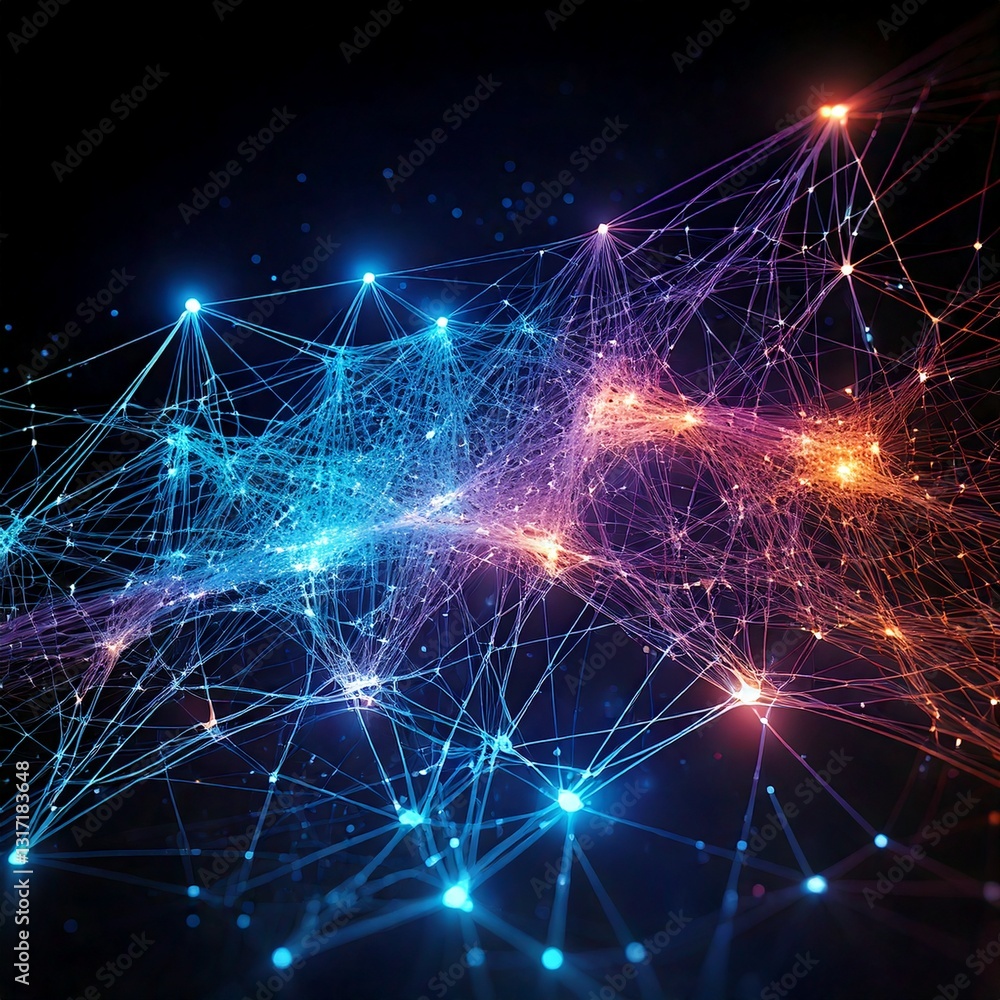Poster neural network visualization with glowing connections and nodes, dark background, futuristic tech th