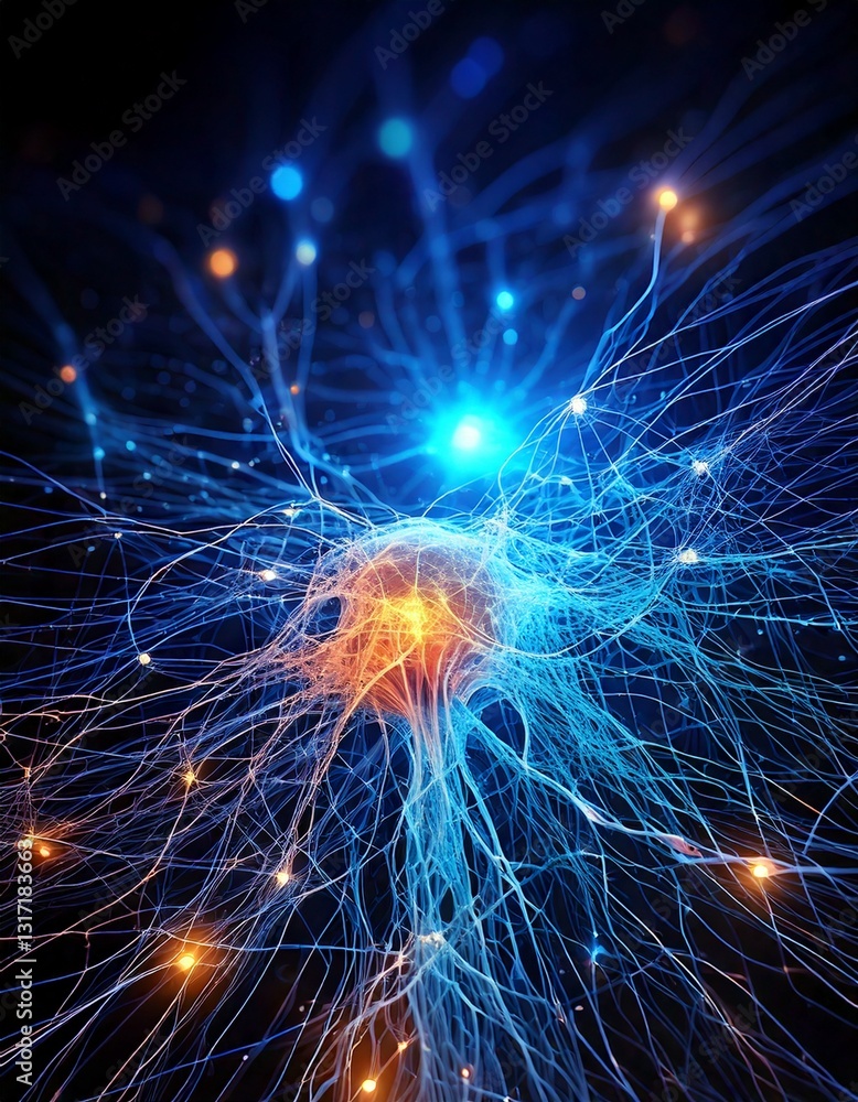 Aufkleber neural network visualization with glowing connections and nodes, dark background, futuristic tech th