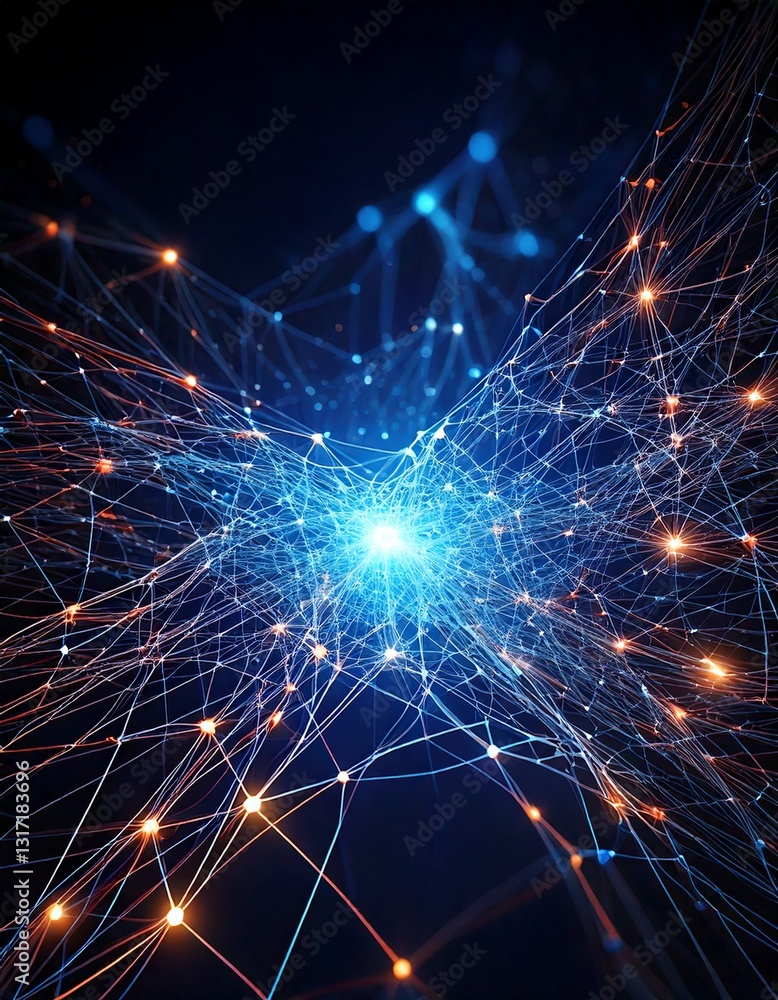 Poster neural network visualization with glowing connections and nodes, dark background, futuristic tech th