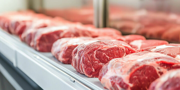 Fresh cuts of meat displayed in a butcher shop, showcasing marbled texture and vibrant color, ready for purchase.