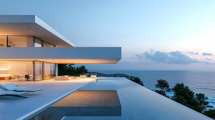 Fototapeta premium Modern Luxury Home With Infinity Pool And Ocean View At Sunset