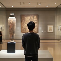 Person admires art in museum