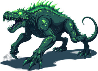 Fototapeta premium a drawing of a green dragon with its mouth open and its mouth open, it is standing in front of a white background