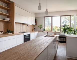 Fototapeta premium bright modern kitchen with white minimalist cabinets wooden accents and natural light
