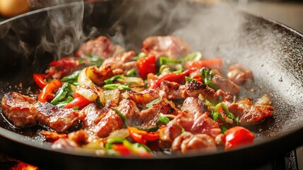 Sizzling cooking action of sauteing colorful vegetables and meat in a kitchen environment