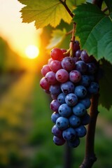 Naklejka premium A bunch of grapes with green leaves hanging from the vine at sunset, sunset, gardens, golden hour vines