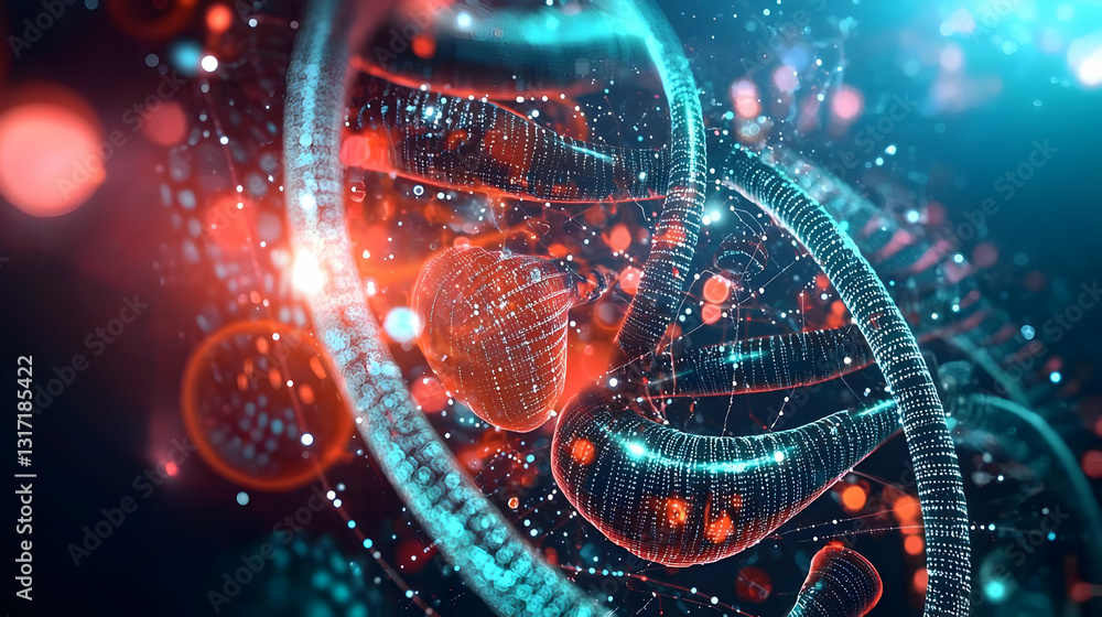 Aufkleber red and blue digital illustration of a dna double helix structure on a dark background with bokeh ef