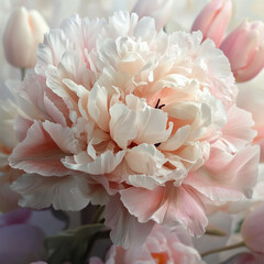 A delicate and elegant bouquet of spring flowers, featuring peonies and tulips in soft pastel shades--blush pink, white, and lavender. The background is dreamy