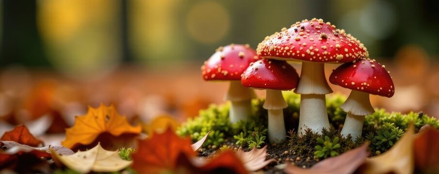 A carpet of red caps and stems of autumn boletes mushrooms, autumn bolete, autumn colors
