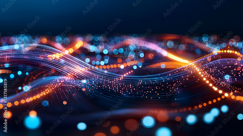 Poster abstract digital wave background with flowing particles and bokeh effect in vibrant blue orange and 