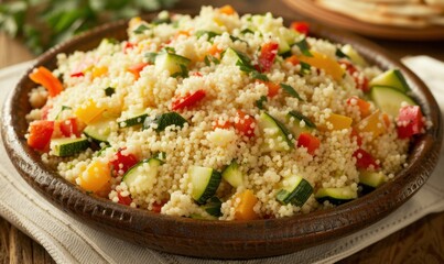Vegetable couscous salad in bowl on table