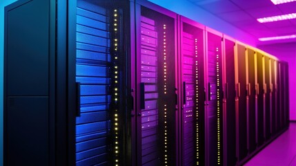 Fototapeta premium Modern Data Center with Colorful LED Lights and Server Racks