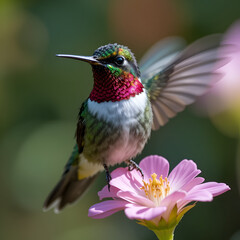 Fototapeta premium Vibrant ruby-throated hummingbird perches on a delicate flower, its iridescent feathers glimmering in sunlight, showcasing its striking emerald throat patch and swift, whirring wings.