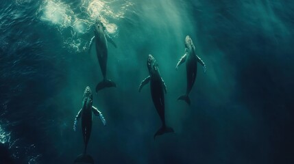 Fototapeta premium Underwater Ballet: Graceful Humpback Whales in the Ocean Depths