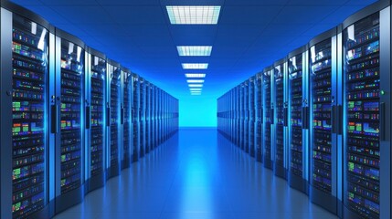 Fototapeta premium Modern Data Center Interior with Server Racks in Soft Blue Light