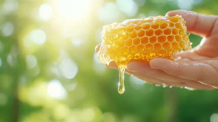 Beekeeper holding a honeycomb dripping with honey collaborative and vibrant outdoor activity with bright natural lighting