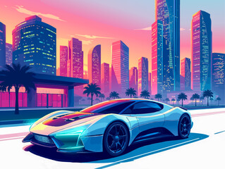 an illustration of a futuristic city with a futuristic car in the middle of the image