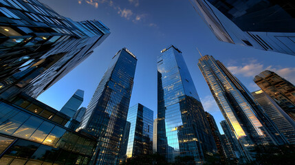 Modern Skyscrapers Reaching Towards The Blue Evening Sky In A Bustling City Center