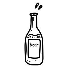 Open glass bottle of beer. Hand drawn doodle. Alcoholic malt drink. Intoxicating beverage. Vector line art illustration.
