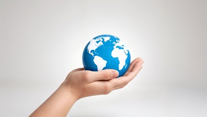 A hand holding a blue and white globe in front of a white background.