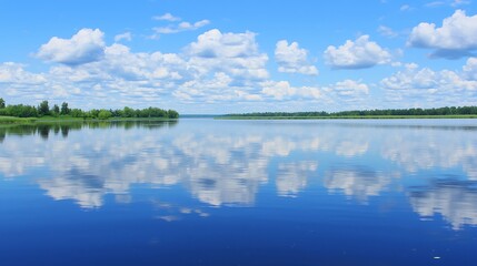 A calm blue background with a still body of water perfectly reflecting the sky above. The reflection is clear and smooth, enhancing the peaceful atmosphere.
