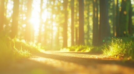 Path through a sunlit forest with dappled light filtering through the canopy warm and inviting natural tones