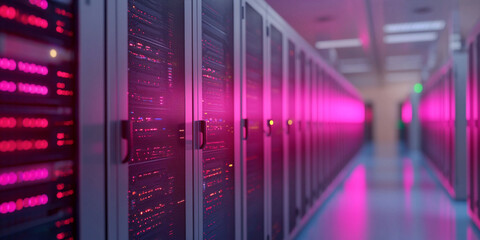 A futuristic server room illuminated by pink lights, showcasing rows of sleek data storage cabinets and a high-tech environment.