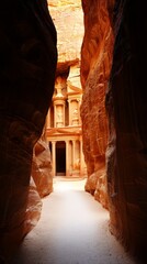 Majestic Petra Treasury View from Narrow Canyon Jordan Travel Photography Arid Landscape Eye-Level Perspective Ancient Wonders