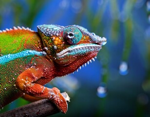 Obraz premium a vibrant chameleon portrait is captured with droplets of water enhancing its texture and colors this image is ideal for nature themed articles educational content or pet care materials