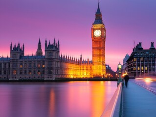 Fototapeta premium Majestic London at Sunset Iconic Big Ben Westminster Bridge Landscape Photography Urban Charm Serene Evening Glow