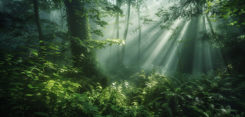 Naklejka premium A lush green forest with sunlight gently filtering through the dense foliage of tall trees, creating a serene and natural ambiance.