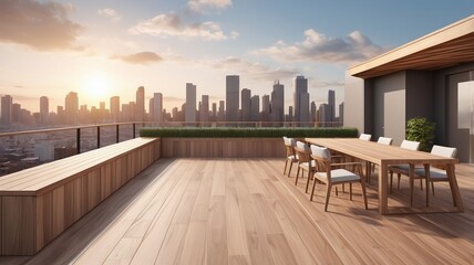 Modern contemporary wooden rooftop terrace with city view background 3d render illustration