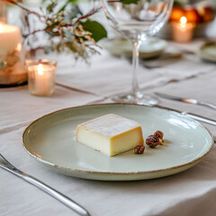 A slice of creamy cheese placed elegantly on a delicate pastel-colored ceramic plate, adding a soft touch to the table setting