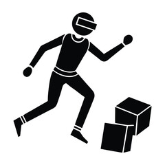 Illustration of a person with vr headset running past two cubes in black and white. VR Head Set.
